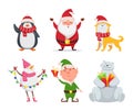 Christmas characters in cartoon style. Santa, yellow dog, elf. Penguin and snowman Royalty Free Stock Photo