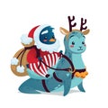 Christmas Characters. Cute Penguin in costume of Santa Klaus with backpack