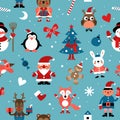 Christmas characters pattern. Santa, gingerbread Man and rabbit, elf and deer, fox. 2020 new year vector seamless