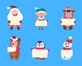 Christmas characters. Santa Claus, elf snowman holding banners. Penguin bear deer new year persons vector illustration