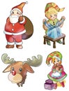 Christmas characters: Santa Claus, Rudolph, elves