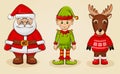 Christmas characters: Santa, elf and reindeer. Vector set. Royalty Free Stock Photo