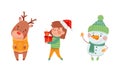 Christmas characters set. Cute girl, snowman and reindeer celebrating Xmas cartoon vector illustration