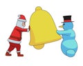 Cartoon Santa Claus and snowman are using big bell.