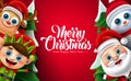 Christmas characters vector background design. Merry christmas text with santa claus, elf, reindeer and snow man xmas 3d. Royalty Free Stock Photo