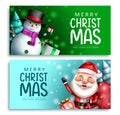 Christmas characters vector banner set. Merry Christmas greeting text with santa claus and snow man characters in snowy outdoor. Royalty Free Stock Photo