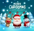 Christmas characters vector design. Merry christmas text with singing santa claus, reindeer and snowman characters in snowy.