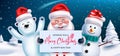 Christmas characters vector design. Santa claus, snowman and polar bear characters in winter eve with merry christmas greeting. Royalty Free Stock Photo