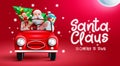 Christmas characters vector design. Santa is coming to town text with reindeer and snowman riding in car element for fun and enjoy Royalty Free Stock Photo