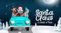 Christmas characters vector design. Santa is coming to town text with snowman and reindeer riding in car element for xmas eve. Royalty Free Stock Photo