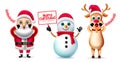 Christmas characters vector set. Christmas character like santa claus, reindeer and snowman holding banner with merry christmas. Royalty Free Stock Photo