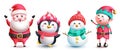 Christmas characters vector set design. Christmas santa claus, penguin, snow man Royalty Free Stock Photo