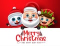 Christmas characters vector template design. Merry christmas text in space for messages with santa claus, reindeer and elf. Royalty Free Stock Photo