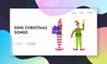 Christmas Characters Website Landing Page. Cute Playful Elves with Present and Bell. Cute Santa Claus Helpers Royalty Free Stock Photo