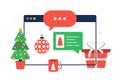Christmas chatting on browser. Chat messages on computer online vector illustration, flat cartoon workspace with chatting bubble Royalty Free Stock Photo