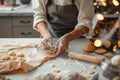 Christmas cheer Woman happily bakes cookies in festive kitchen Royalty Free Stock Photo