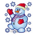 Christmas cheerful snowman and around fly snowflakes, cartoon on