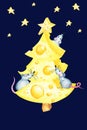 Christmas cheese tree with rat. New year greeting card, poster concept 2020. Watercolor drawing piece of triangular