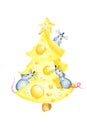 Christmas cheese tree with rat. New year greeting card, poster concept 2020. Watercolor drawing piece of triangular