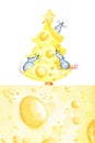 Christmas cheese tree with rat. New year greeting card, poster concept 2020. Watercolor drawing piece of triangular