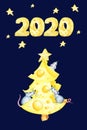 Christmas cheese tree with rat. New year greeting card, poster concept 2020. Watercolor drawing piece of triangular