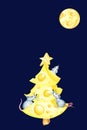 Christmas cheese tree with rat. New year greeting card, poster concept 2020. Watercolor drawing piece yellow cheese Royalty Free Stock Photo