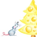 Christmas cheese tree with rat. New year greeting card 2020. Watercolor drawing piece of triangular yellow cheese. Mouse