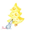 Christmas cheese tree with rat. New year greeting card 2020. Watercolor drawing piece of triangular yellow cheese. Mouse