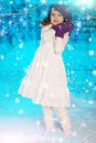 Christmas child girl on winter tree background, snow, snowflakes Royalty Free Stock Photo