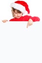 Christmas child kid girl Santa Claus pointing empty banner portrait format copyspace isolated