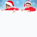 Christmas children kids Santa Claus pointing empty banner square