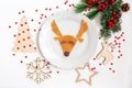 Christmas children`s dish featuring a deer. View from above.