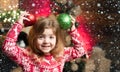 Christmas childs in snow. Happy childhood. Adorable child play at home. Dreamy baby toddler on christmas eve. Believe in Royalty Free Stock Photo