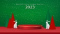 Christmas and Chinese New Year 2023 background with 3d podium,rabbits,Christmas trees paper cut on green background,X-mas pine fir Royalty Free Stock Photo
