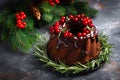 Christmas, New Year, Xmas or Noel chocolate bundt cake with glaze decorated with fresh berries and rosemary Royalty Free Stock Photo