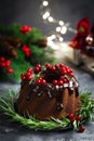 Christmas, New Year, Xmas or Noel chocolate bundt cake with glaze decorated with fresh berries and rosemary