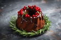 Christmas, New Year, Xmas or Noel chocolate bundt cake with glaze decorated with fresh berries and rosemary Royalty Free Stock Photo