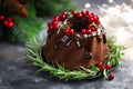 Christmas, New Year, Xmas or Noel chocolate bundt cake with glaze decorated with fresh berries and rosemary Royalty Free Stock Photo