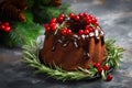 Christmas, New Year, Xmas or Noel chocolate bundt cake with glaze decorated with fresh berries and rosemary Royalty Free Stock Photo