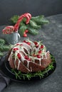 Christmas chocolate bundt cake. Traditional Christmas fruit cake with white glaze, cranberries and rosemary on dark backgroundChri Royalty Free Stock Photo