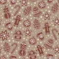 Christmas chocolate cookies seamless vector pattern. Holiday beige hand drawn background with sugar coating biscuits