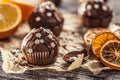 Christmas chocolate delicious muffins sprinkled with topping and white stars