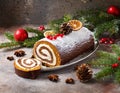 Christmas chocolate log cake at the table. Christmas food concept