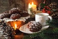 Christmas chocolate pine cone shortbread cookie and cup of coffee,New Year`s decoration