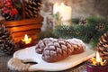 Christmas chocolate pine cone shortbread cookie and New Year`s decoration