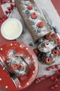 Christmas chocolate roulade yule log swiss roll Royalty Free Stock Photo