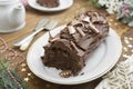 Christmas chocolate swiss roll isolated on a wooden background. Chocolate sweet dessert. Pastry for breakfast or tea