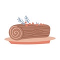Christmas chocolate yule log with cream swirl and red berries decoration on a plate. Freehand isolated element. Vector