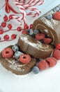 Christmas chocolate yule log swiss roll - vertical closeup Royalty Free Stock Photo