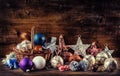 Christmas. Christmas decoration. Christmas balls, stars, jingle bells xmas ornaments. Royalty Free Stock Photo